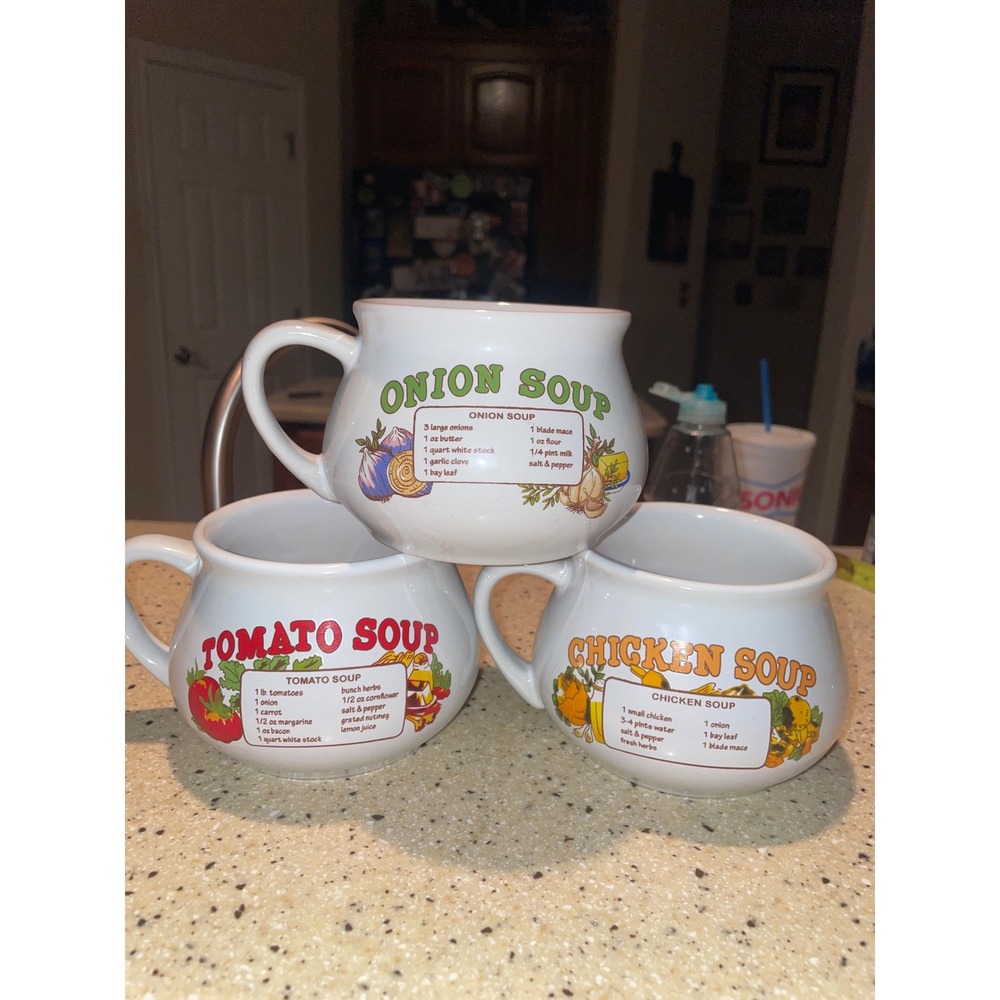 Recipe Vintage Soup Mug Set of 3 Tomato Onion Chicken Recipe Ceramic Bowls